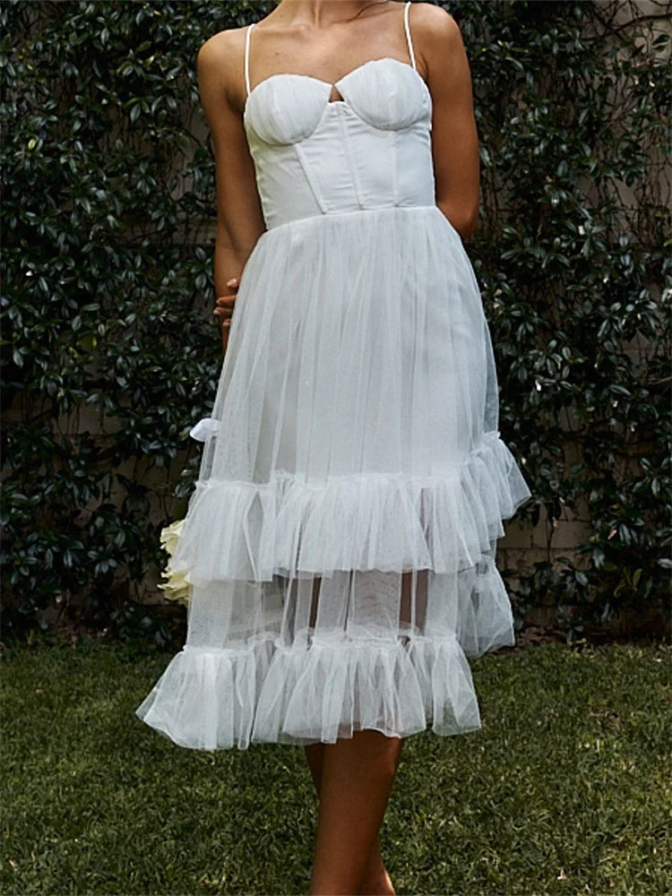 Women Summer Solid Color Sleeveless Strap Summer Layered Tulle Ruffles Backless Party Vestidos