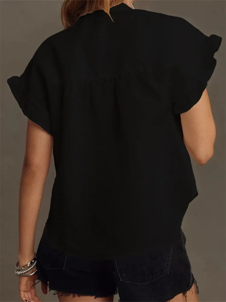 Solid Color Ruffle Short Sleeve Blouse