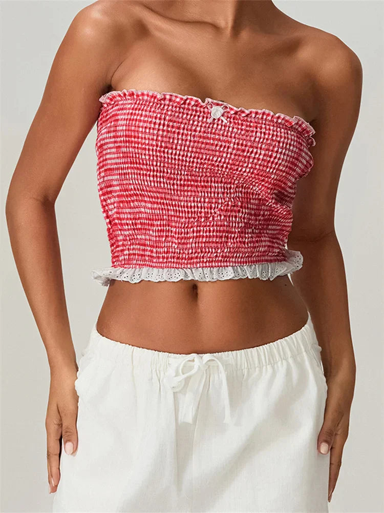 Tube Bow Lace Trim Ruched Plaid Crop Top