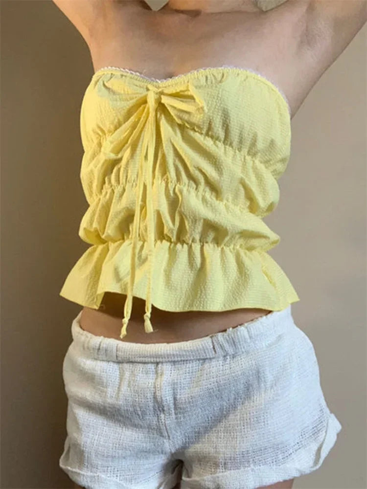 Strapless Plaid Ruched Backless Tube Crop Top