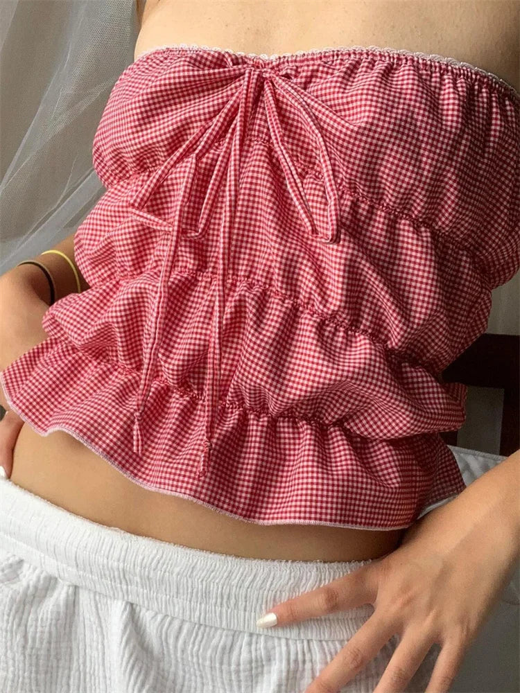 Strapless Plaid Ruched Backless Tube Crop Top