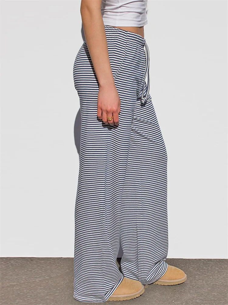 Wide-Leg Striped Drawstring Elastic Casual Sweatpant