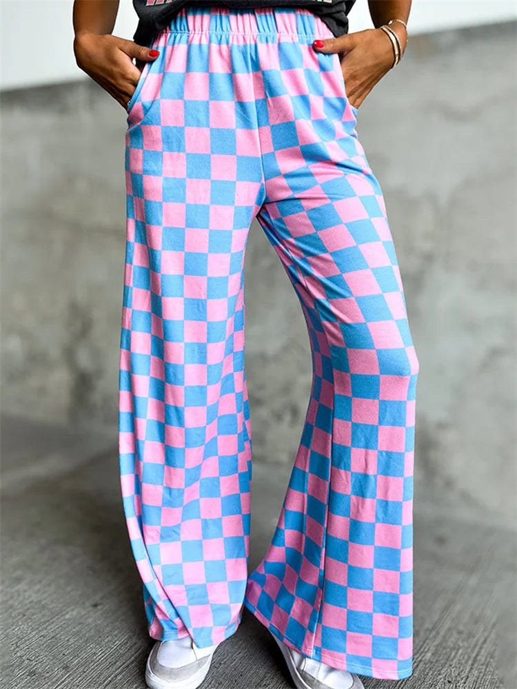 Plaid Print Wide Leg Elastic Waist Casual Pant
