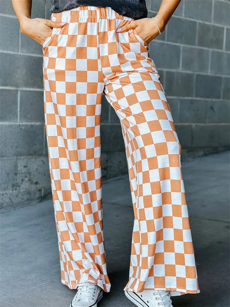 Plaid Print Wide Leg Elastic Waist Casual Pant