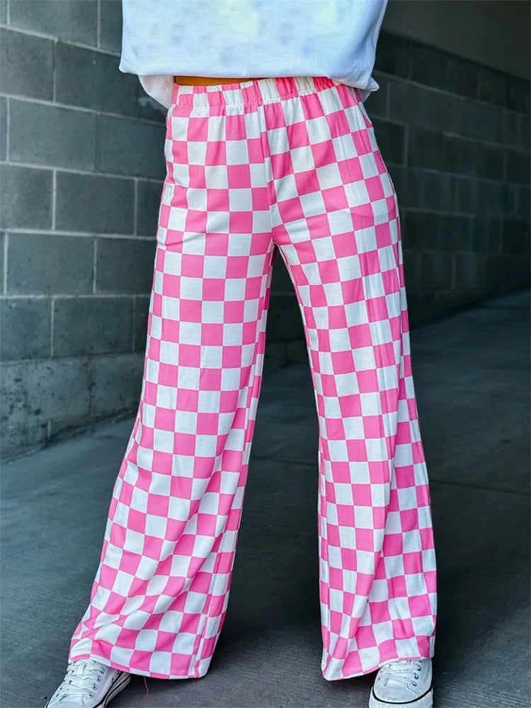 Plaid Print Wide Leg Elastic Waist Casual Pant