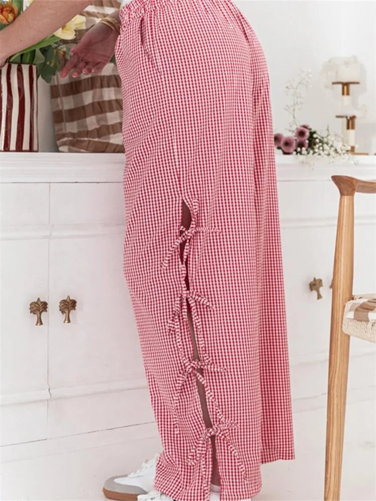 Plaid Print Lace-Up Side Hollow Casual Wide Pant