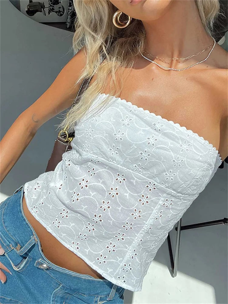 Floral Hollow-out Strapless Off-shoulder Tube Top - Fashionpara