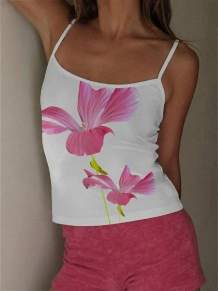Y2K Flower Print Slim Strap Tank Crop Top