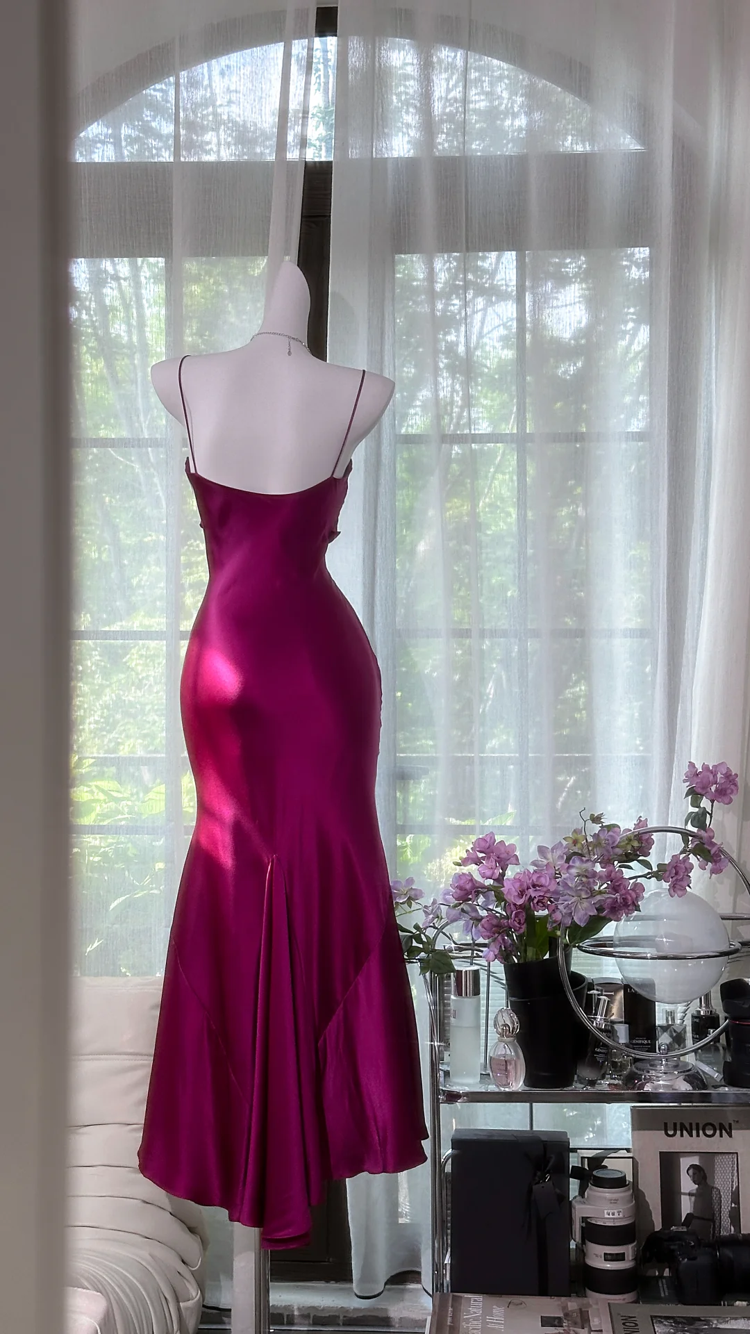 Vintage Spaghetti Straps Satin Pleated Hot Pink Long Party Dress Prom Gown D861