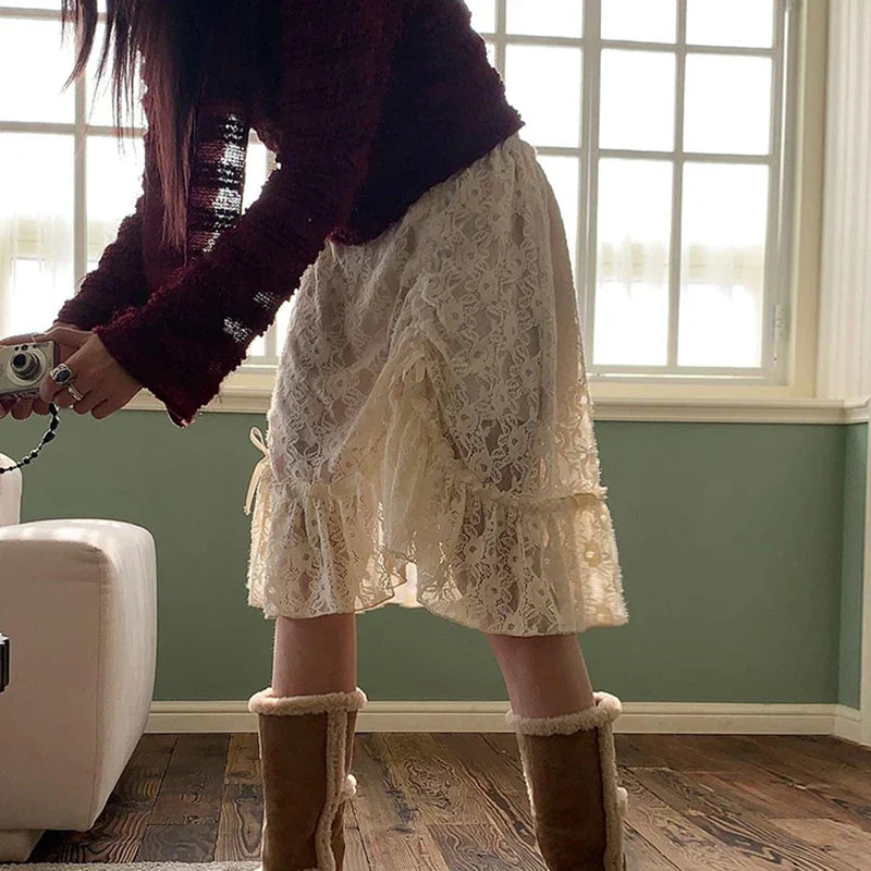 Lace Transparent Vintage Drawstring Bandage Skirt