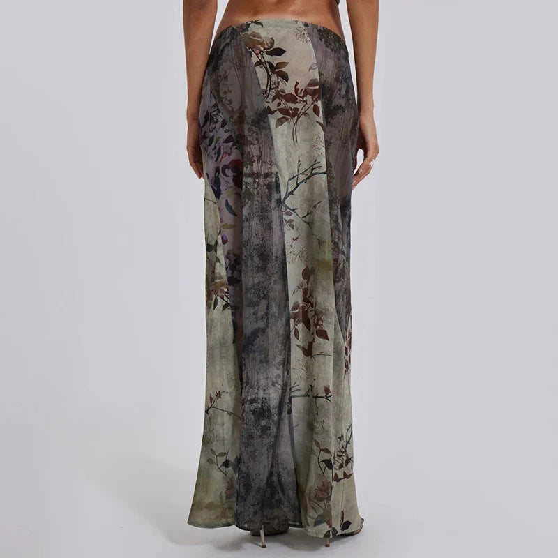 Retro Floral Print Long Patchwork Mesh Low Rise Skirt