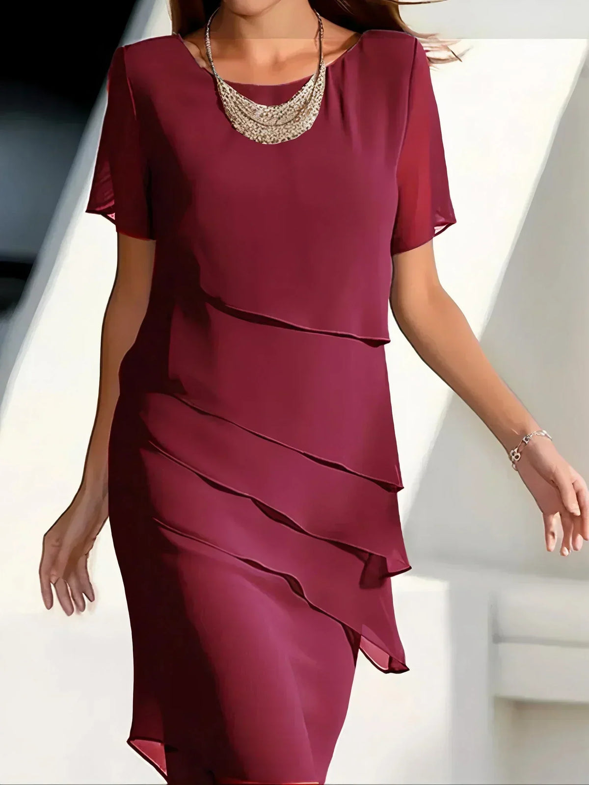 Chiffon Short Sleeve Diagonal Overlap Tiered Knee Cocktail Dress - View 3