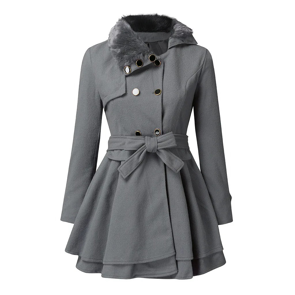 Faux Fur Collar Double Breasted Belted Skirted Coat
