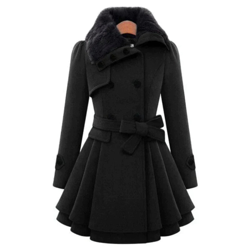 Faux Fur Collar Double Breasted Belted Skirted Coat 6