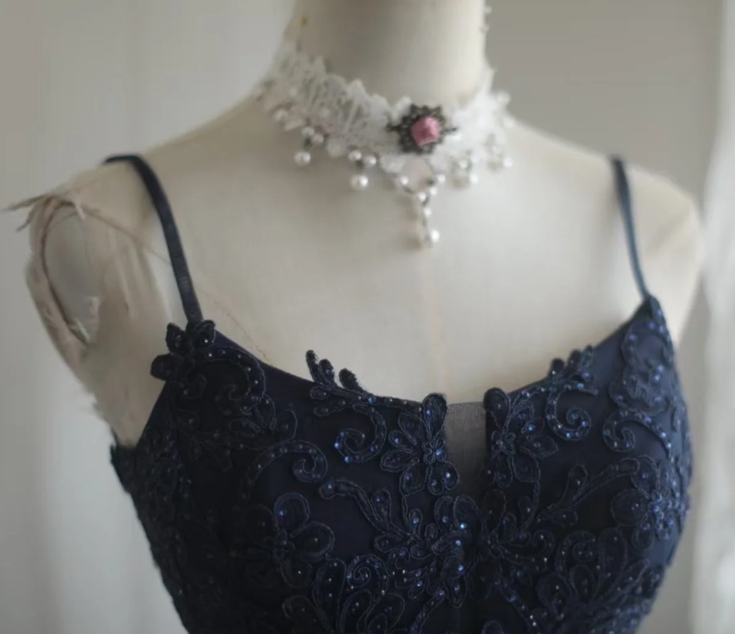 Elegant Spaghetti Straps Navy Blue Tulle Lace Appliques Mermaid Evening Dress Birthday Outfits D1268