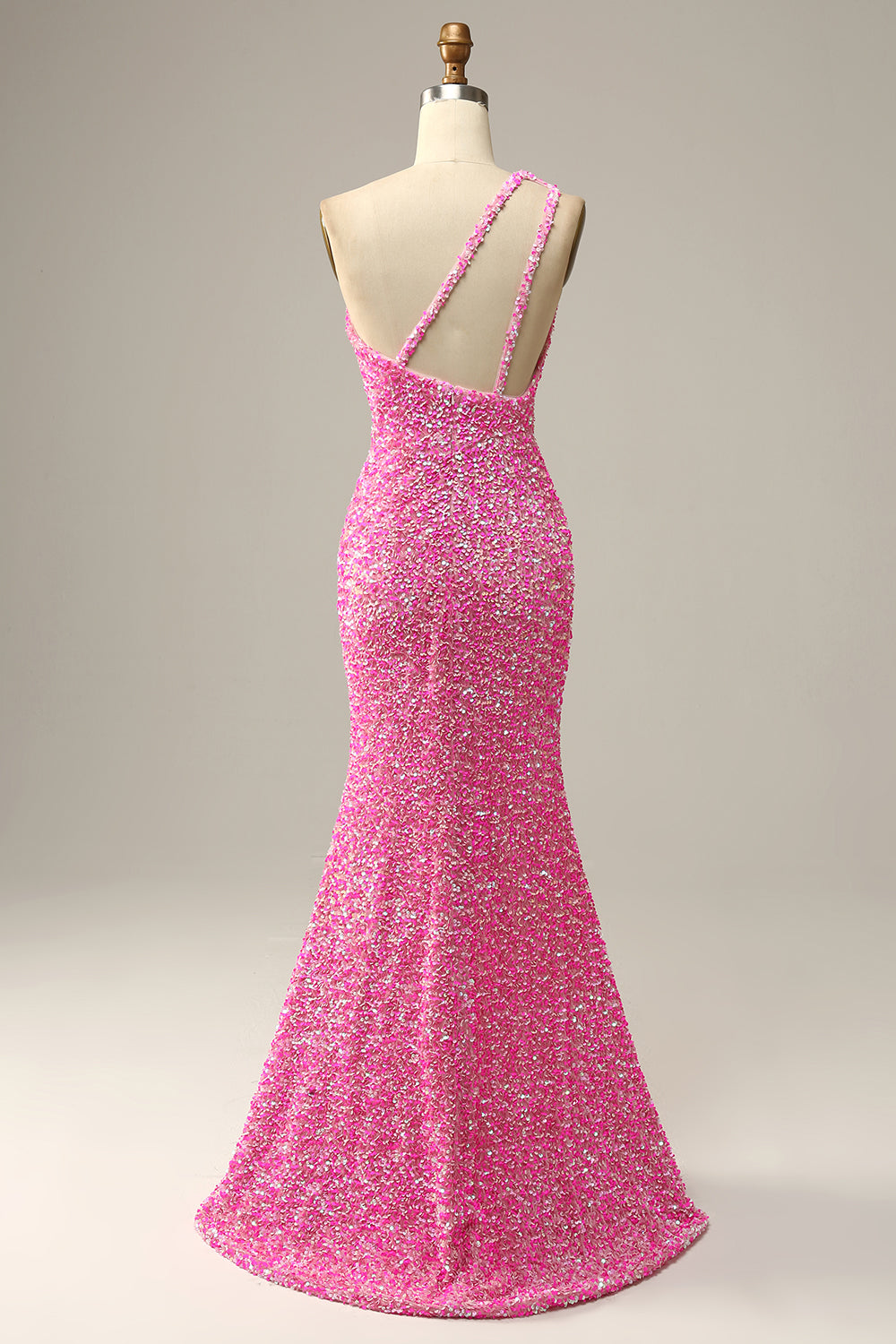 Fuchsia Sequined One Shoulder Mermaid Prom Dress With Slit - Fashionpara