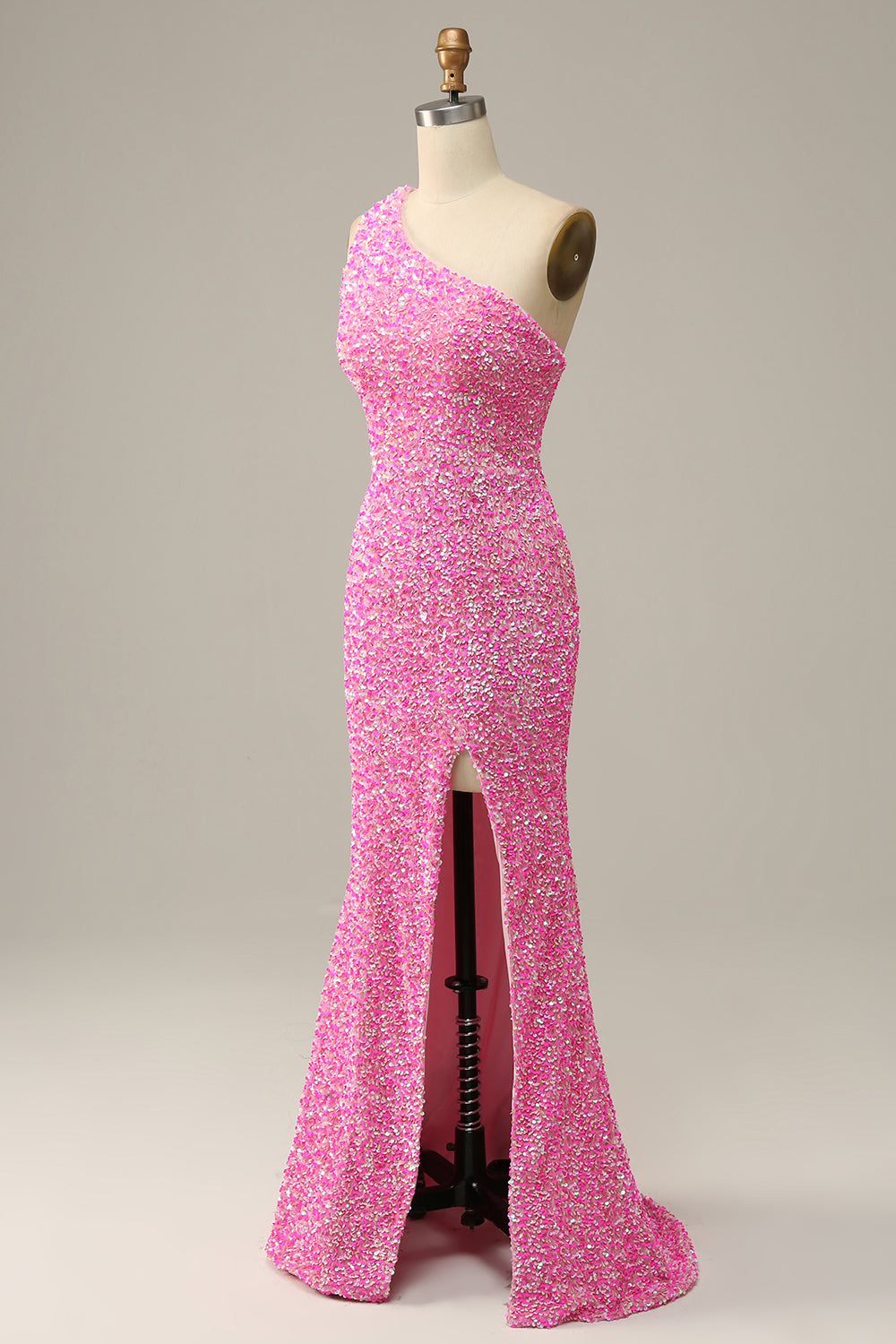 Fuchsia Sequined One Shoulder Mermaid Prom Dress With Slit - Fashionpara