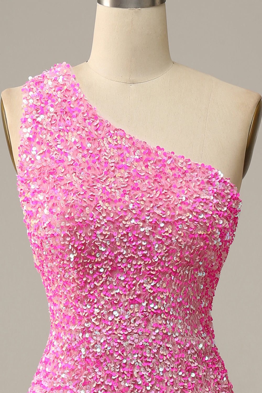 Fuchsia Sequined One Shoulder Mermaid Prom Dress With Slit - Fashionpara