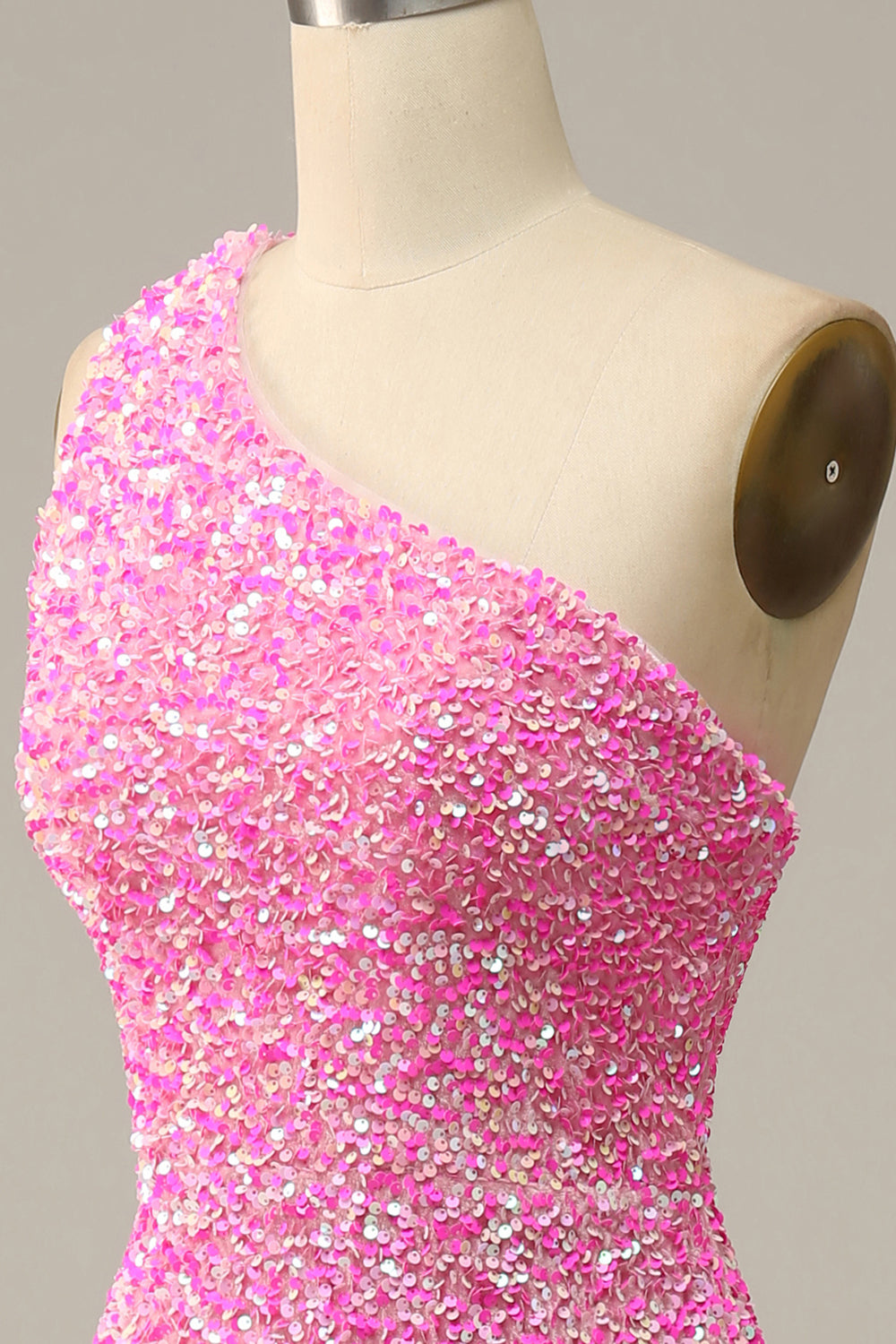 Fuchsia Sequined One Shoulder Mermaid Prom Dress With Slit - Fashionpara