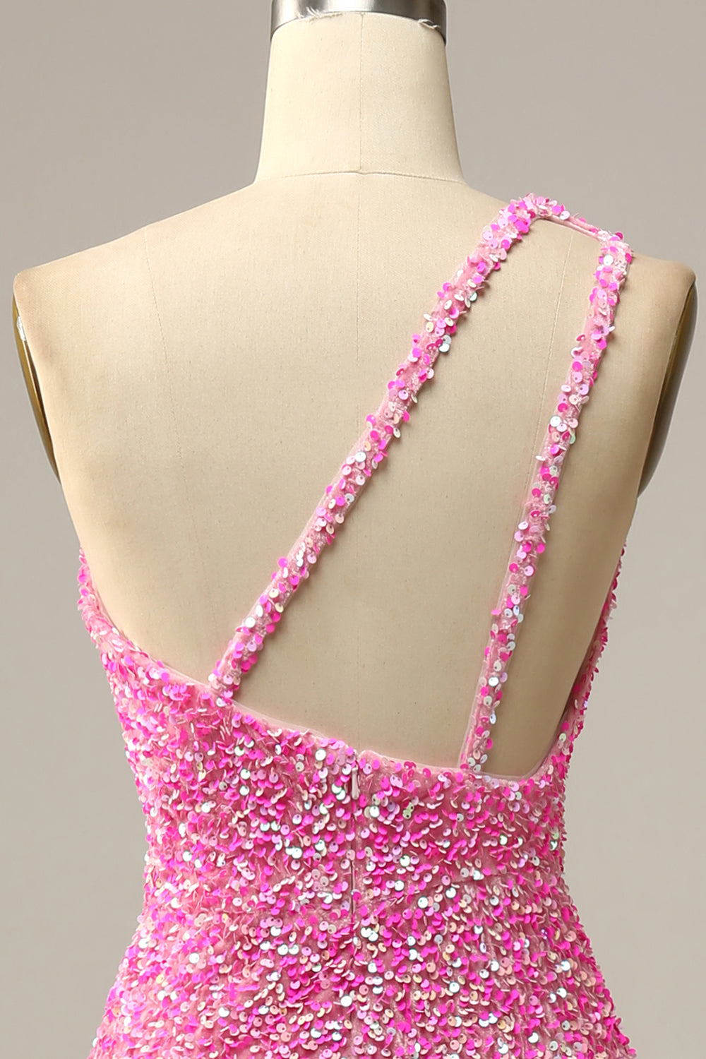Fuchsia Sequined One Shoulder Mermaid Prom Dress With Slit - Fashionpara