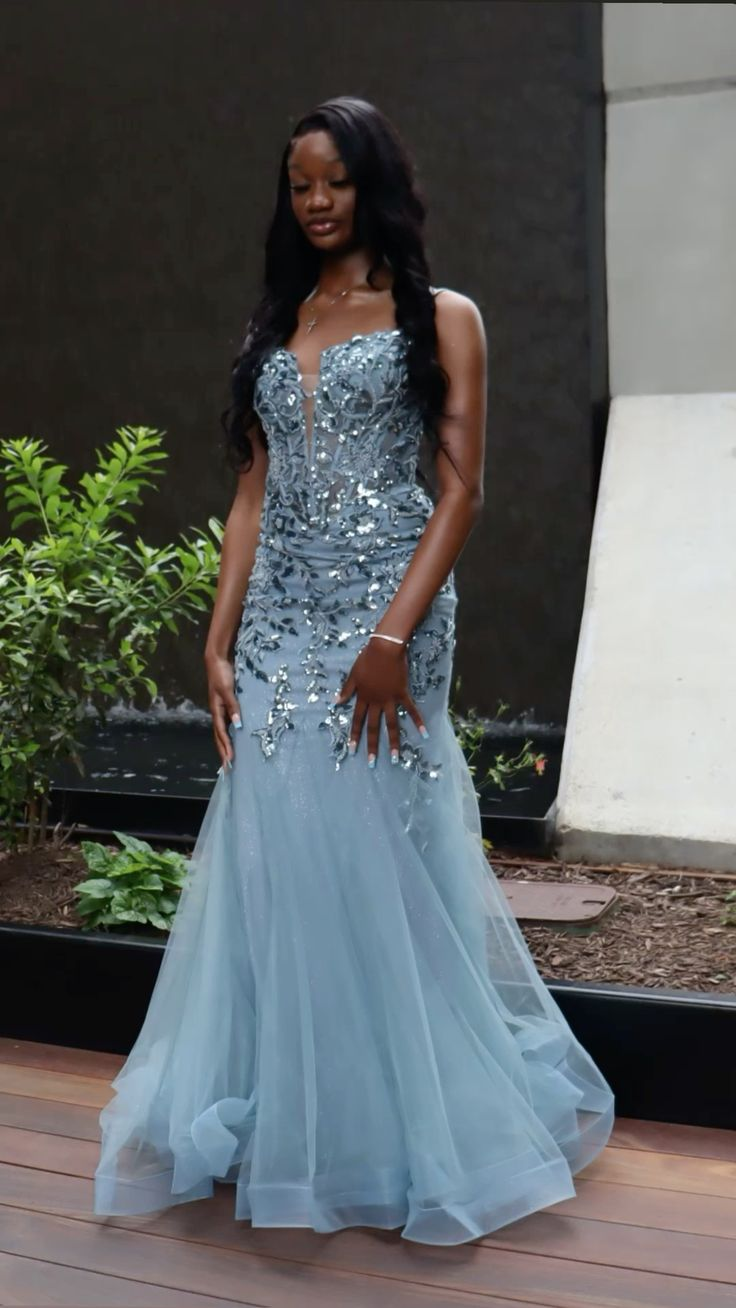 Classy Spaghetti Straps Blue Tulle Sequin Mermaid Evening Dress Long Party Gown D1261