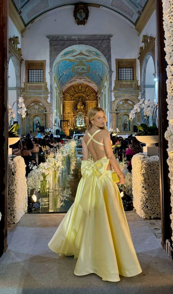 Cute Yellow satin Backless Long Wedding Guest Dress Formal Party Dress With Bow D1609