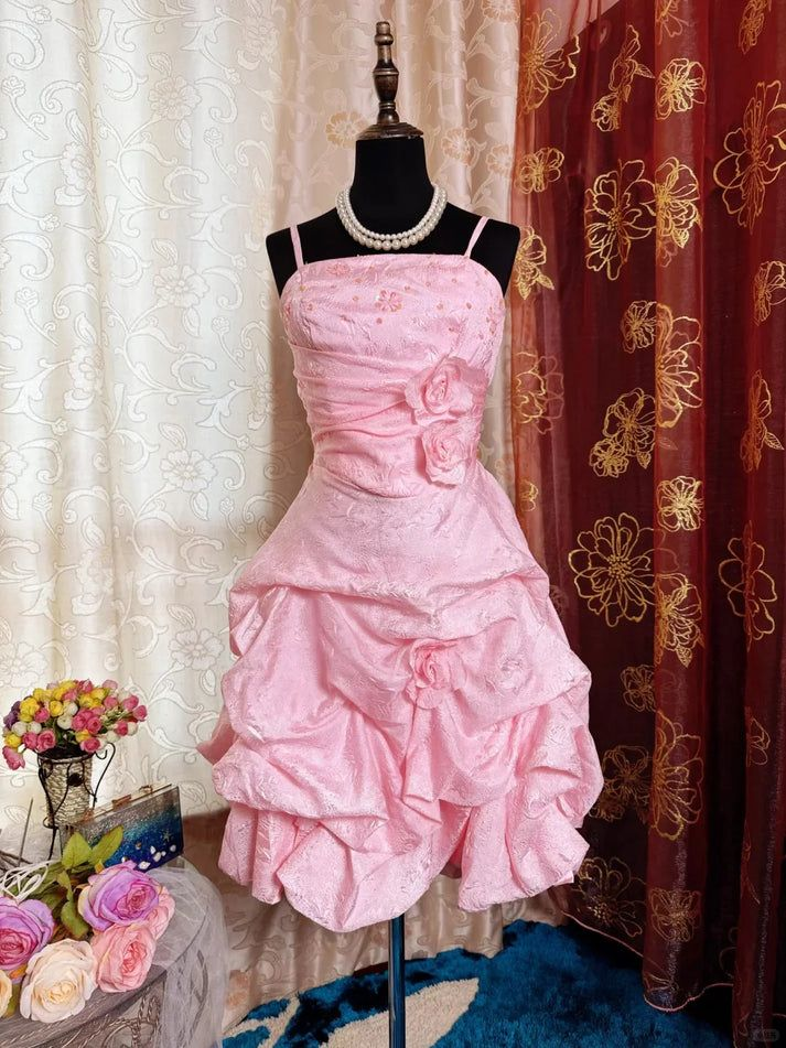 Vintage Pink Satin Pleated Short Birthday Outfits Formal 7th Grade Homecoming Dress D451