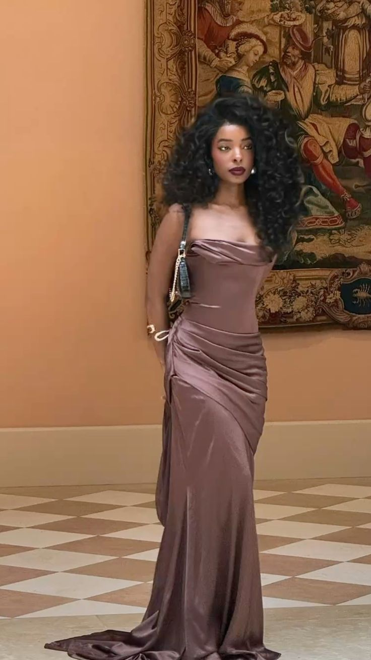 Vintage Brown Strapless Satin Pleated Mermaid Evening Dress Formal Long Wedding Guest Dress D1082