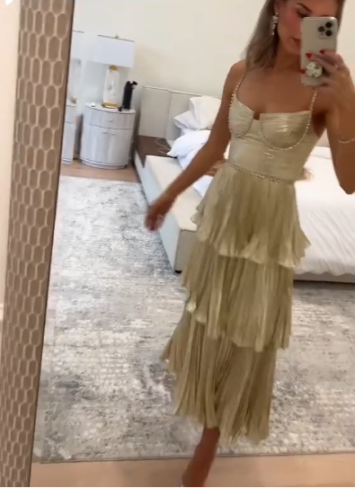 Stylish Gold Spaghetti Straps Satin Pleated Layered Long Wedding Guest Dress Evening Dress D1326