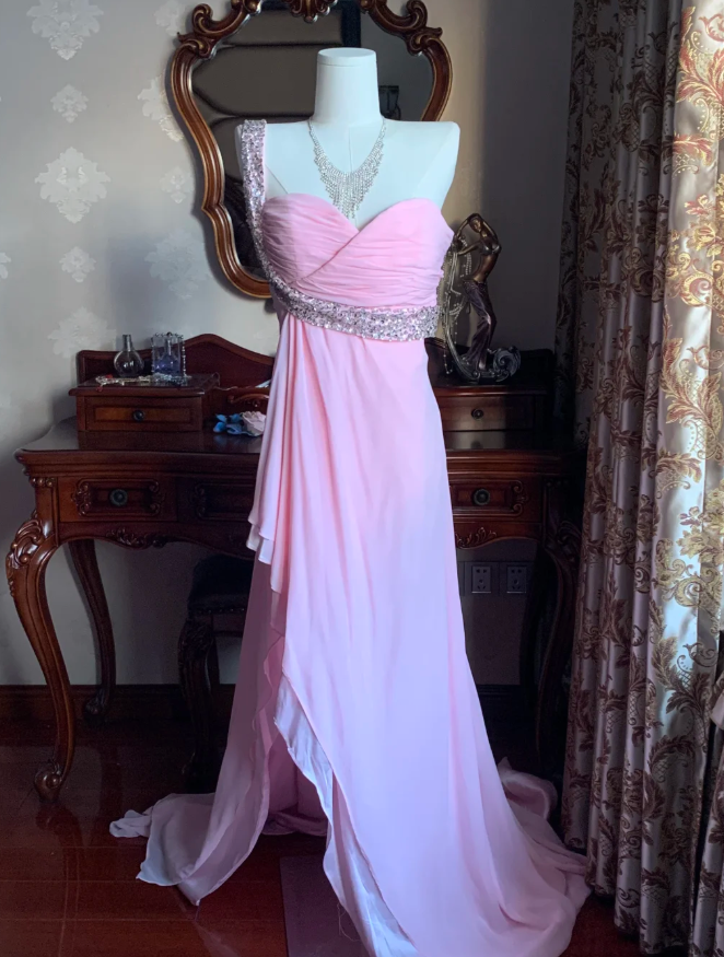 Classy One Shoulder Chiffon Beaded Mermaid Long Wedding Guest Dress Pink Evening Dress D1775