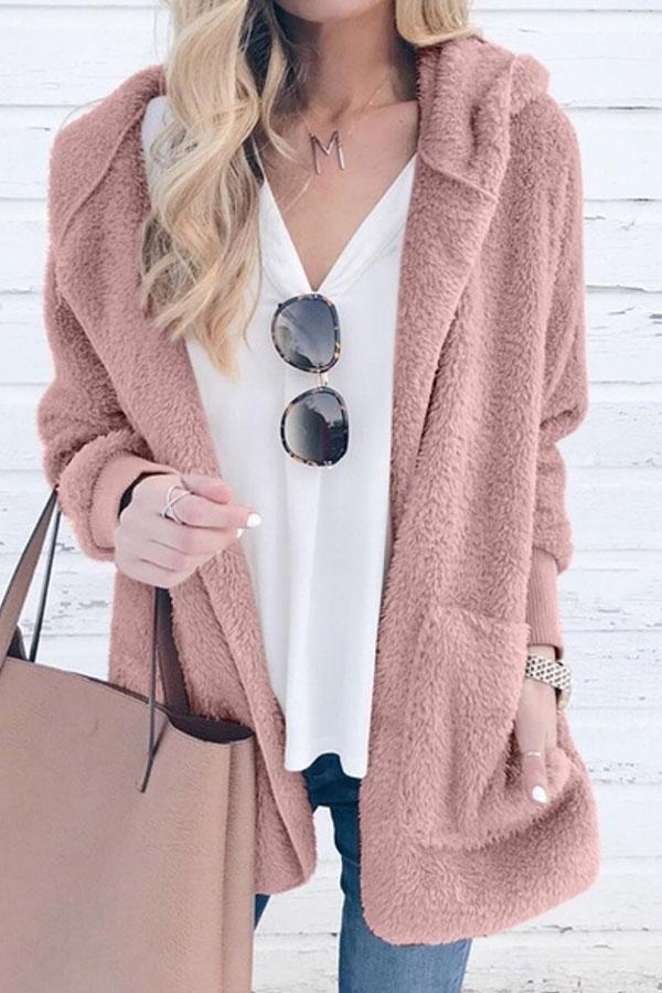 Solid Color Plush Cap Long Sleeve Cardigan Coat