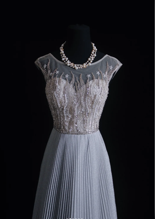 Pretty Gray Satin Pleated Sequin Beaded Long Wedding Guest Dress Party Dress D1685