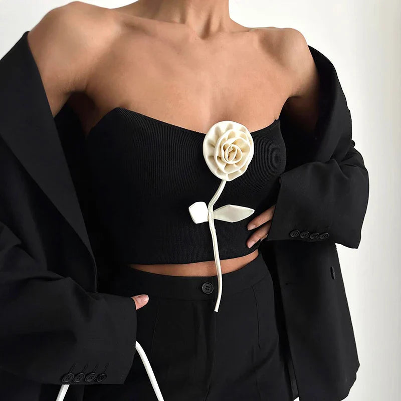 Solid Elegant Sleeveless Strapless Casual Flower Tube Crop Top