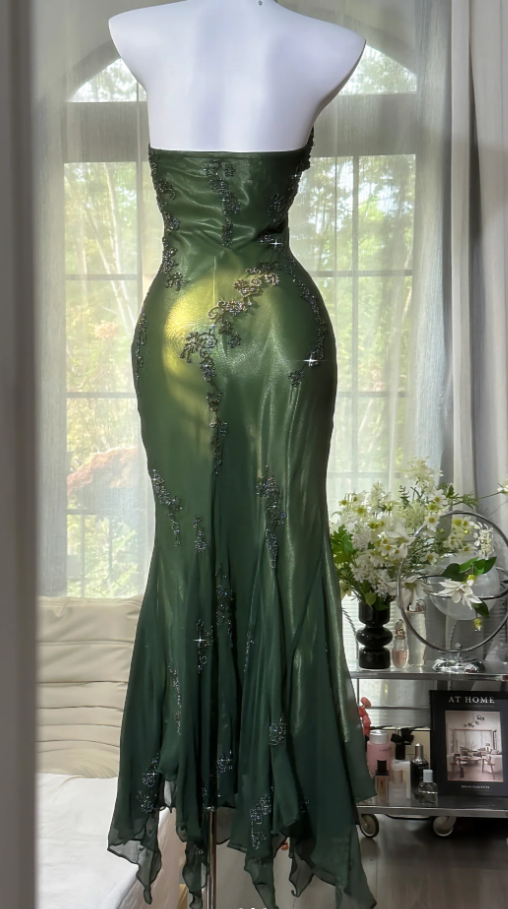 Vintage Green Halter Satin Chiffon Beaded Mermaid Evening Dress Long Party Dress D924