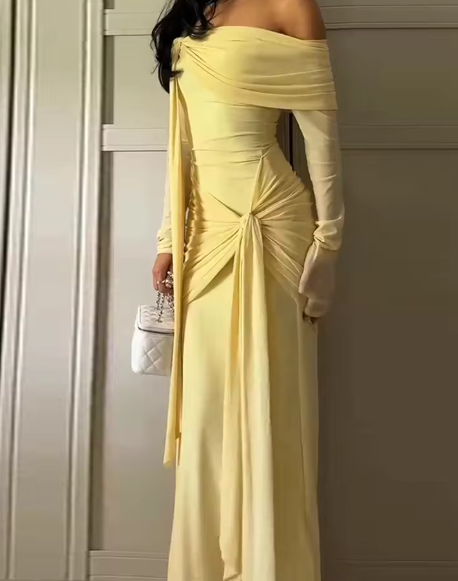 Elegant Off The Shoulder Satin Pleated Mermaid Long Party Dress Yellow Formal Wedding Guest Dress D1367