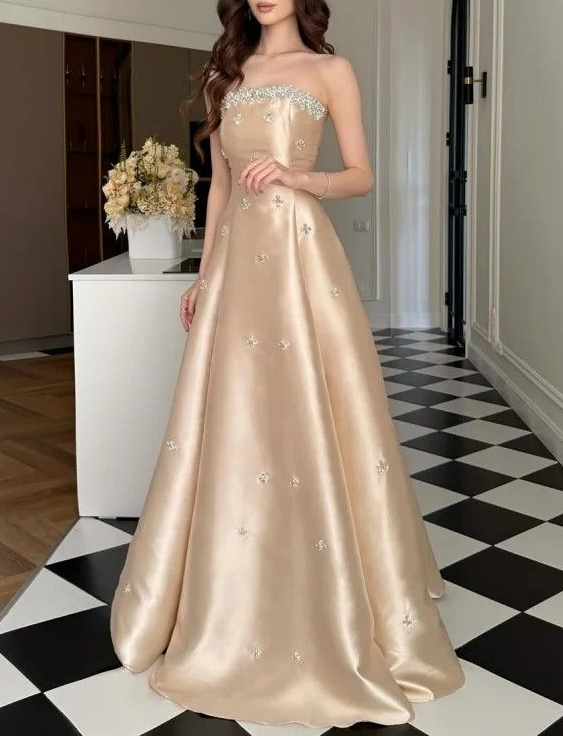 Fashion Strapless Champagne Satin Beaded Long Party Dress Evening Gown D1220