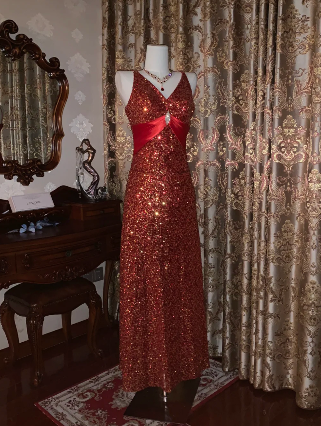 Vintage Red V Neck Sequin Beaded Mermaid Party Dress Long Evening Gown D1724