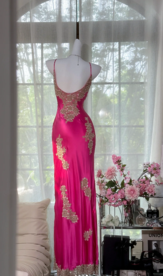 Pretty Hot Pink Spaghetti Straps V Neck Satin Lace Appliques Slit Long Prom Dress Birthday Party Gown D1375