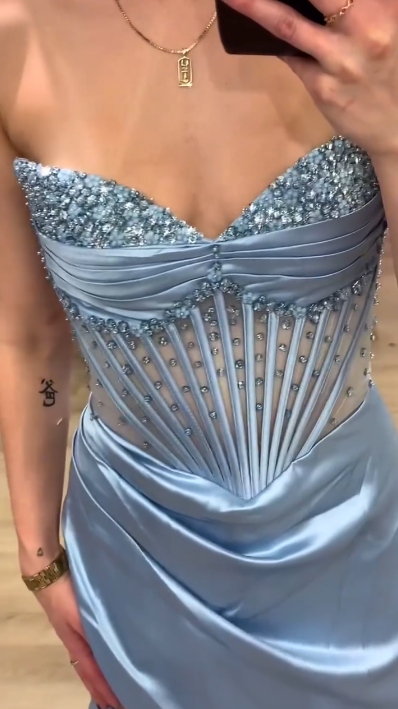 Classy Strapless Blue Satin Beaded Slit Mermaid Party Dress Long Prom Dress D913