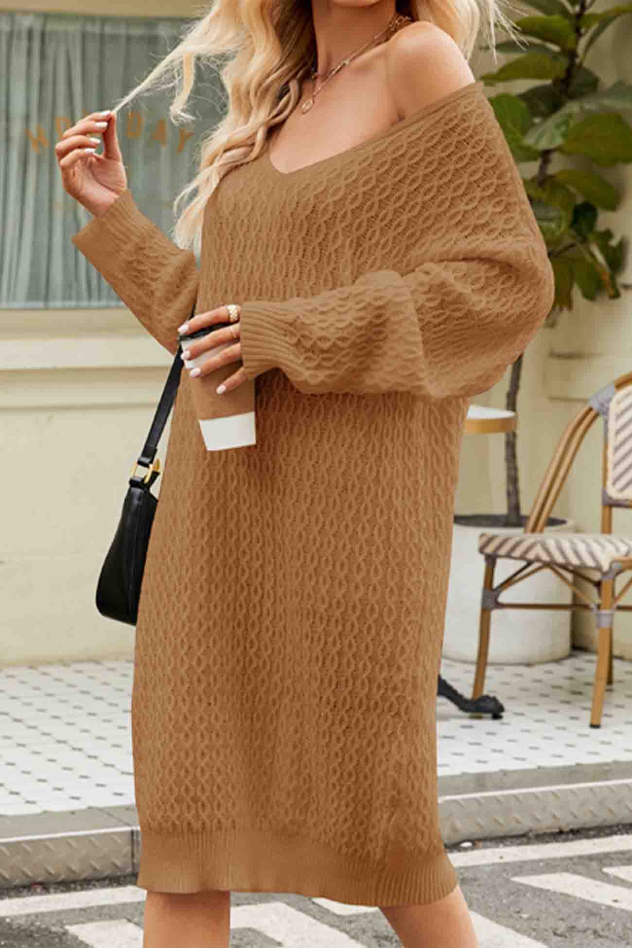 AROLORA Solid Color Long Knitted Midi Sweater Dress