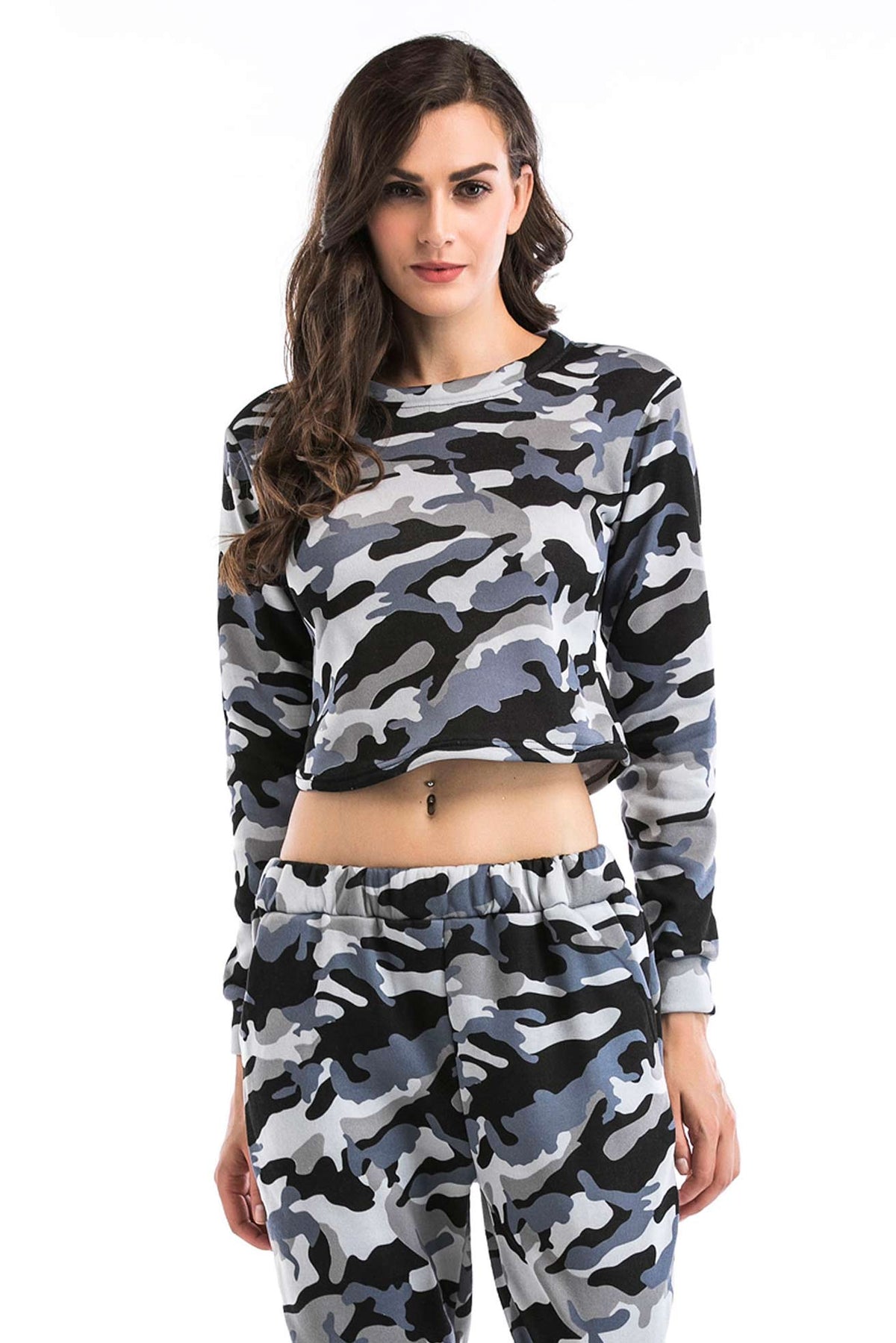 Camouflage Print Crop Pullover Sweatshirt - Mislish