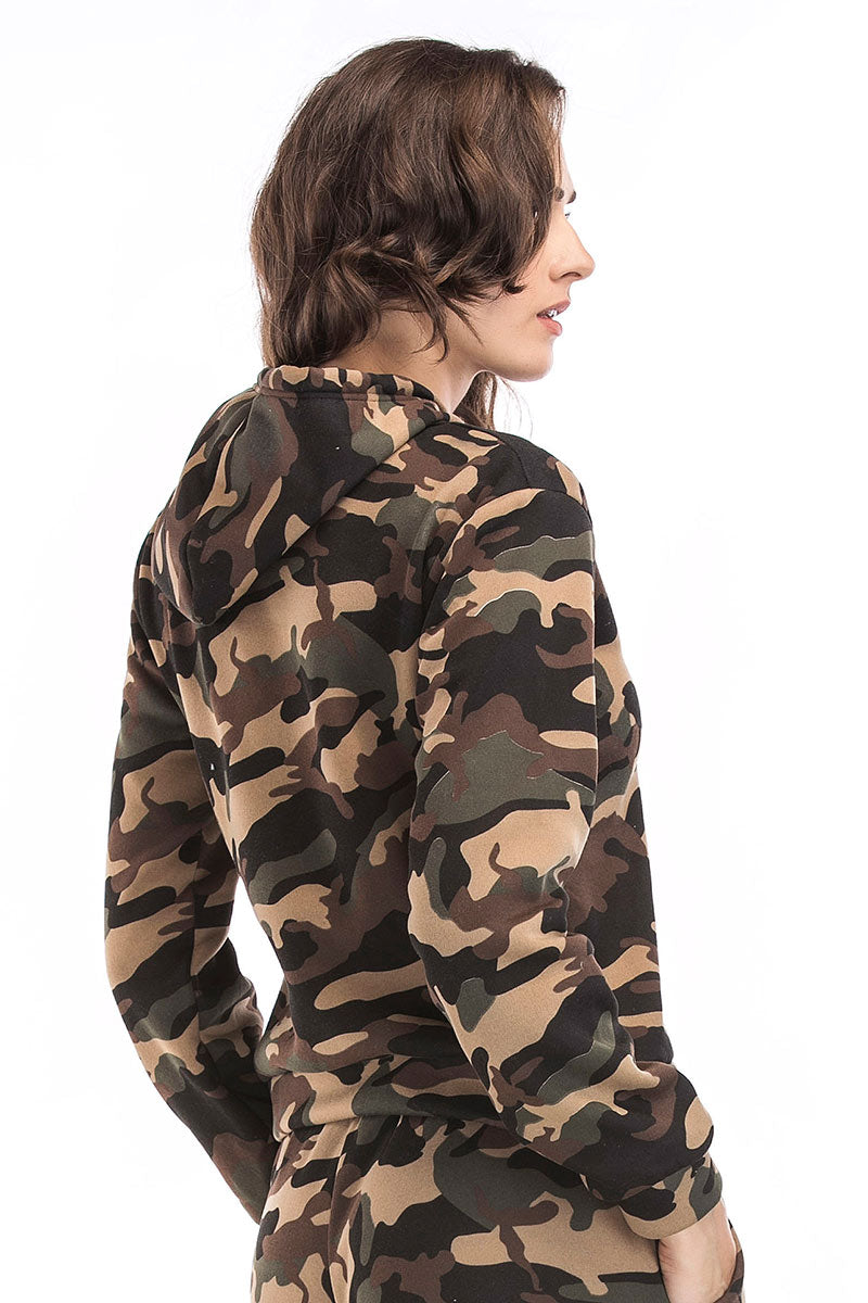 Camouflage Print Drawstring Sweatshirt With Long Sleeves