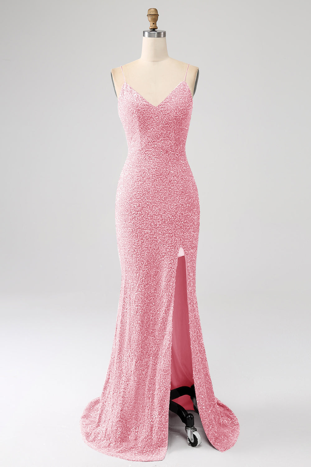 Black Mermaid Spaghetti Straps V-Neck Sequin Long Prom Dress With Split