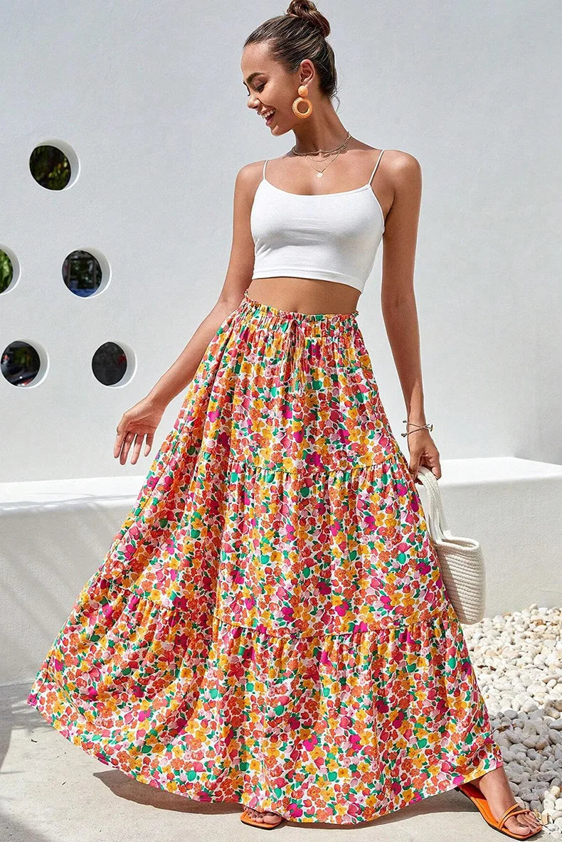 Bohemian Maxi Skirts High Waist Colorful Printed Loose A-line