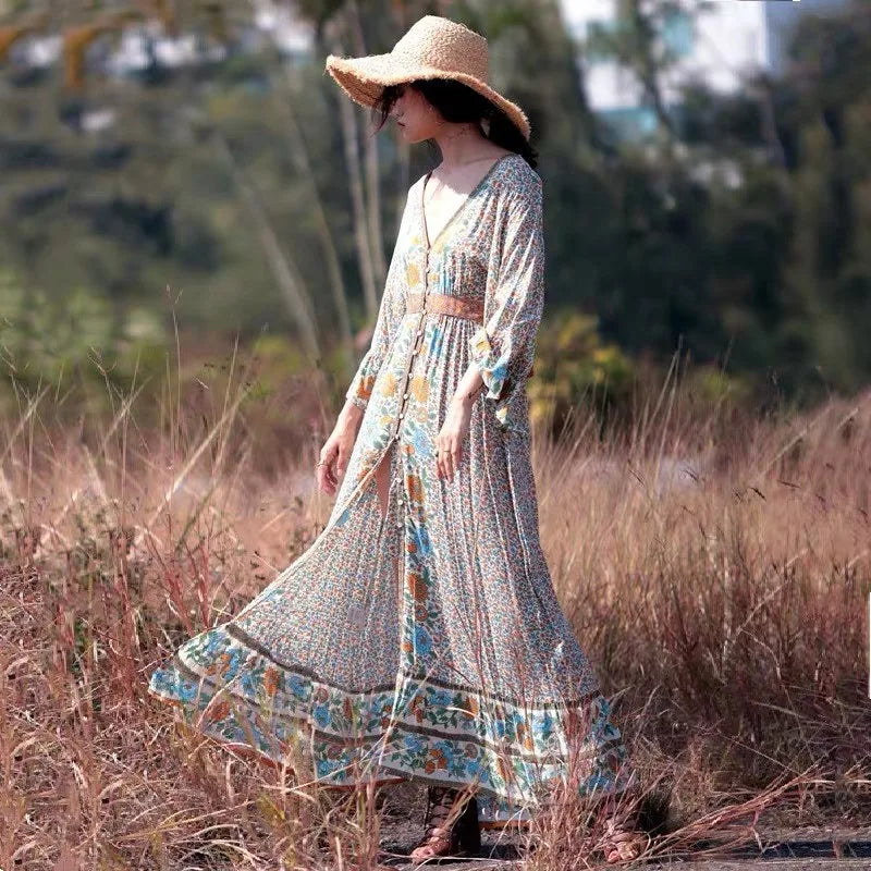 Floral Print V-Neck Bell Sleeve Button-Front Maxi Dress