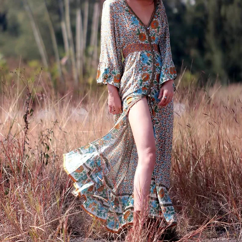 Flare Sleeve Button Down Printing Chic Boho Dress Beige / S bohodress-250126