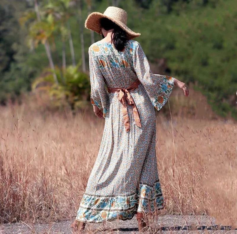 Floral Print V-Neck Bell Sleeve Button-Front Maxi Dress