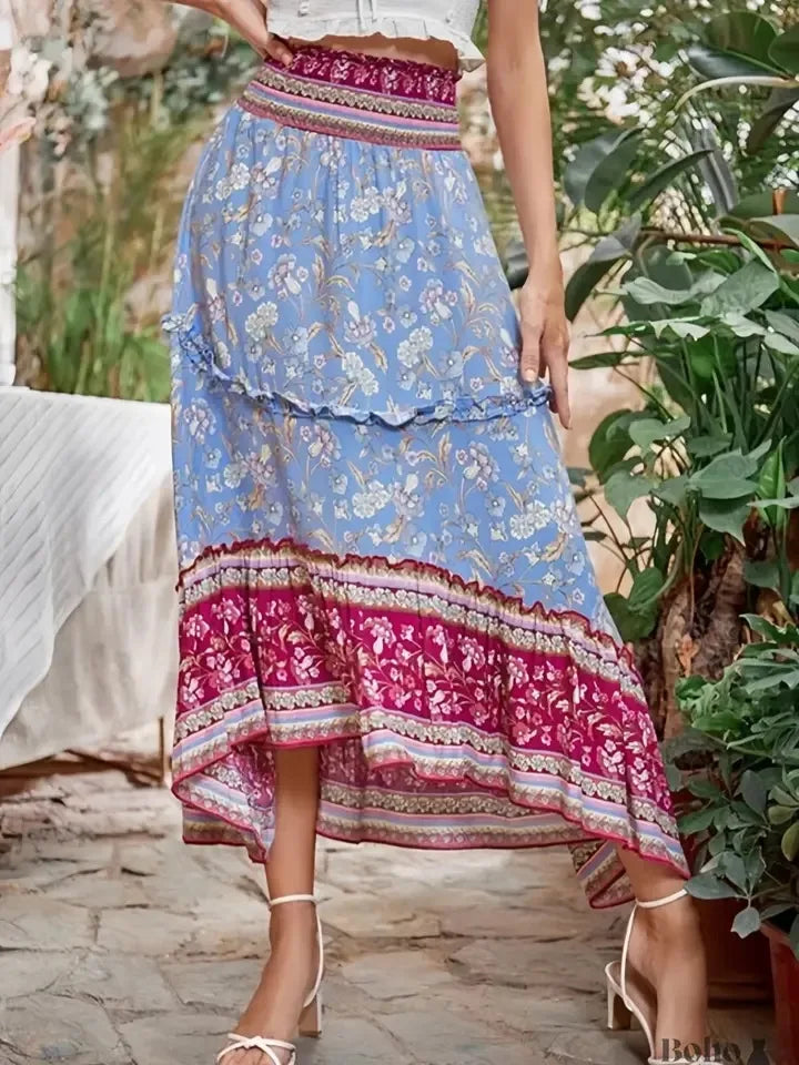 Boho High Waist Ruffled Floral Maxi Skirt Rayon Beach Femme