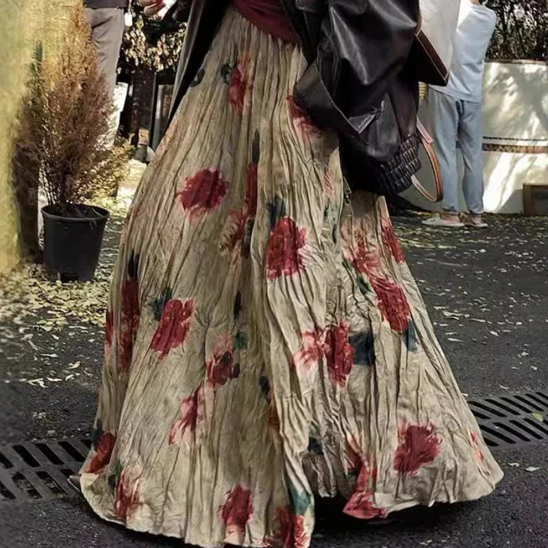 High Waist Rose Pendulum Skirt Boho Draped Pleated Vintage Maxi Vintage Rose / One Size