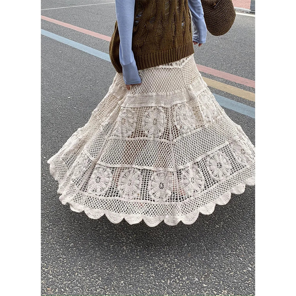 Hollow Out Maxi Skirt Solid Color A-line Hook Romantic Holiday